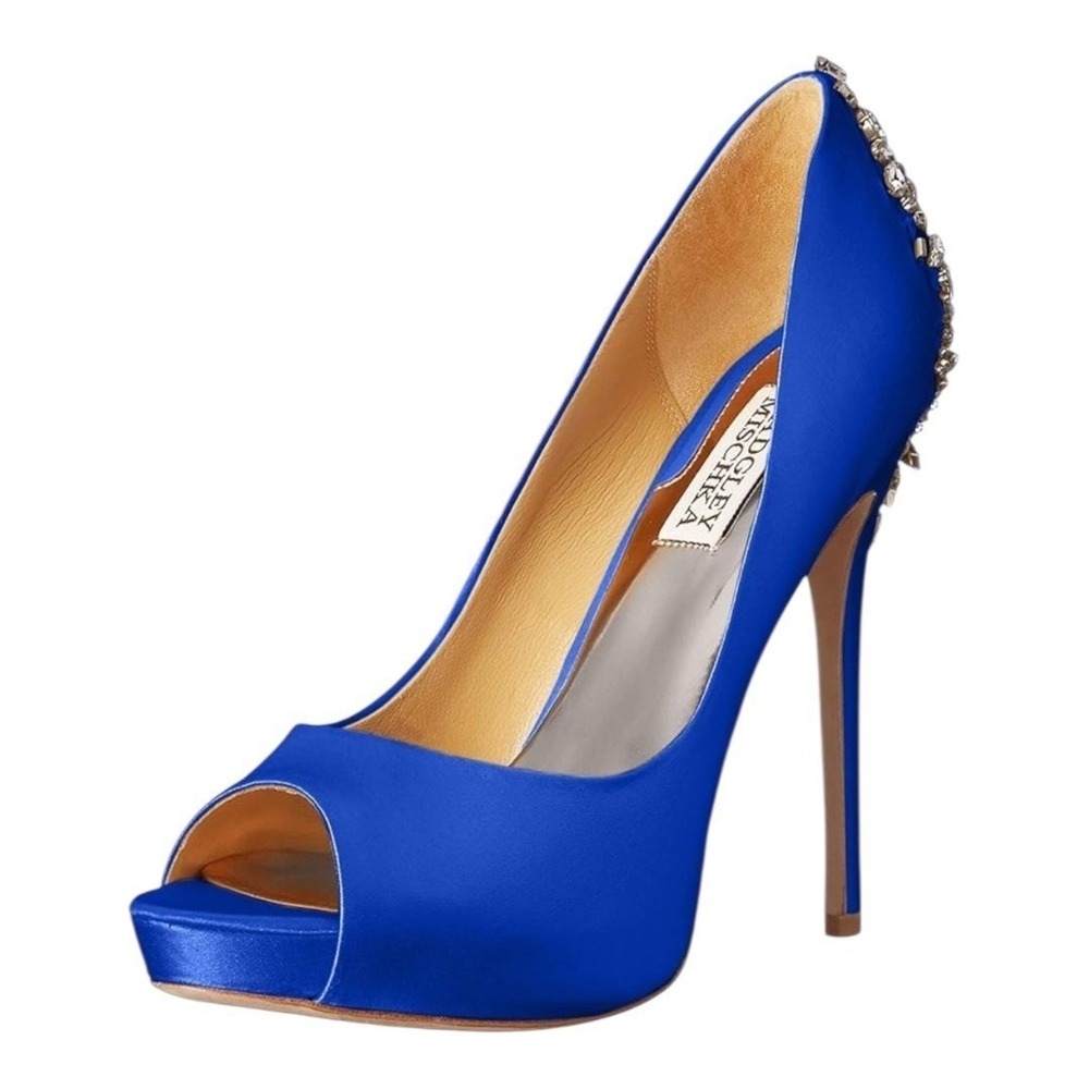 Badgley Mischka Kiara Sapphire Blue Embellished Jewel Peep Toe Heels Size 7 NEW